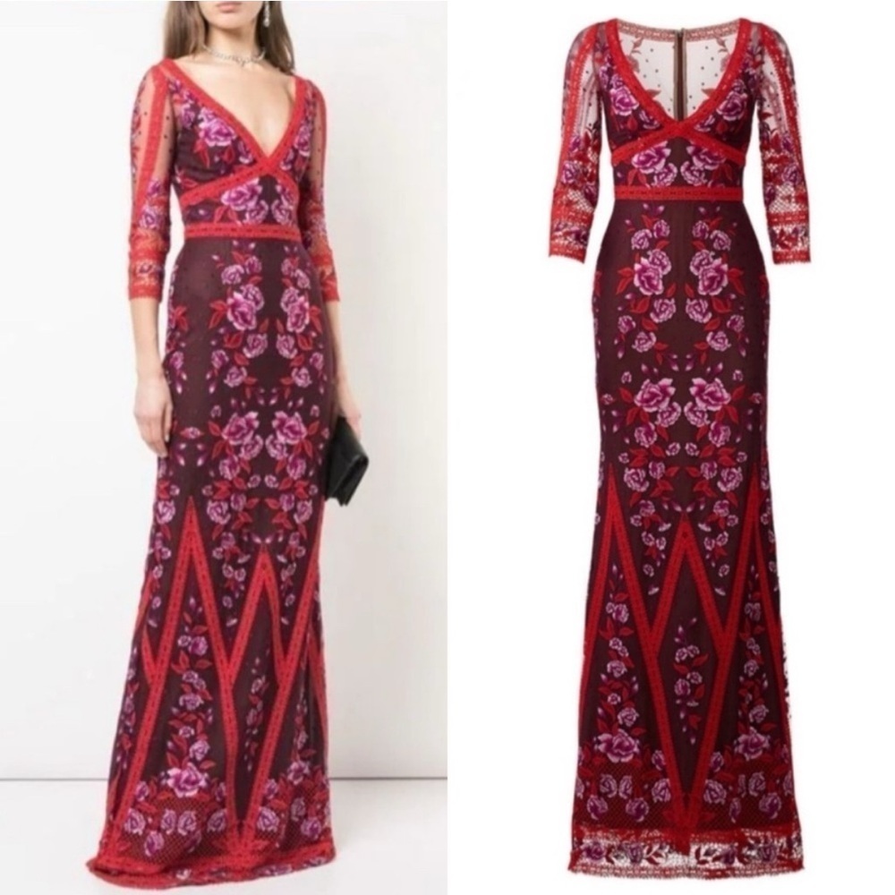 MARCHESA NOTTE Floral Guipure Lace Maxi Dress Gown Wine Sz 2